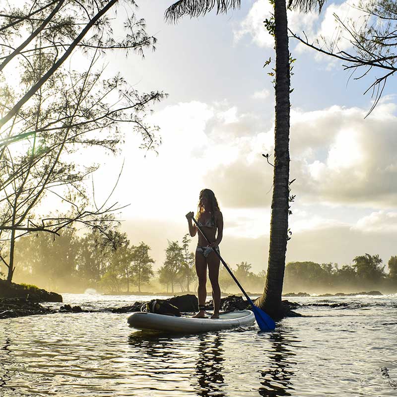 A woman paddling the big ez air inflatable paddleboard at sunrise with palm trees and mist coming off the water
